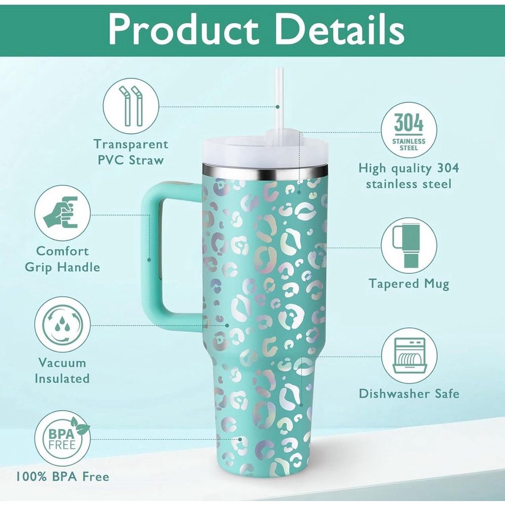 40 Oz Tumbler W/Handle, Straw, Insulated, Stainless Steel Spill Proof•New - Picture 4 of 6